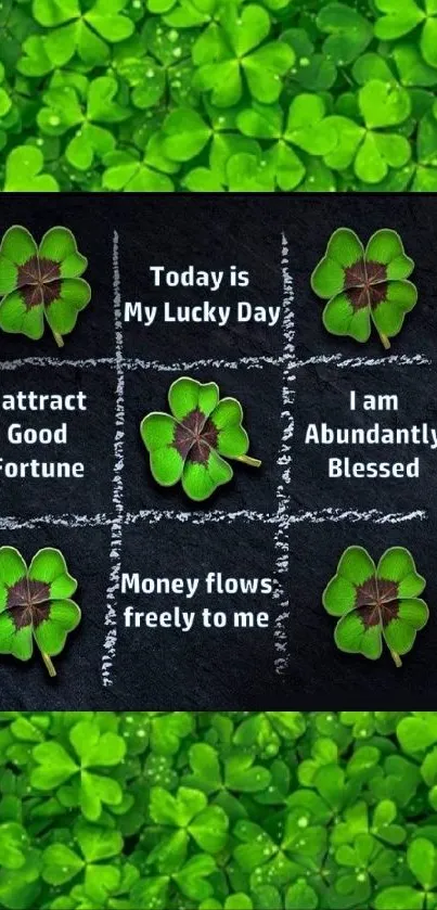 Lucky four-leaf clover wallpaper with inspiring quotes.