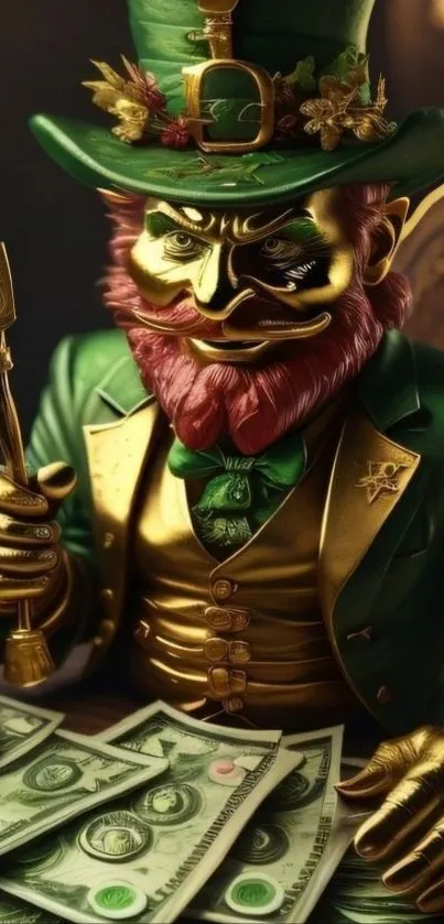 Lucky leprechaun surrounded by gold and money.