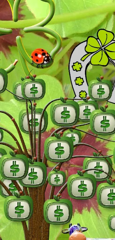 Money tree wallpaper with dollar symbols, a ladybug, and a lucky horseshoe.