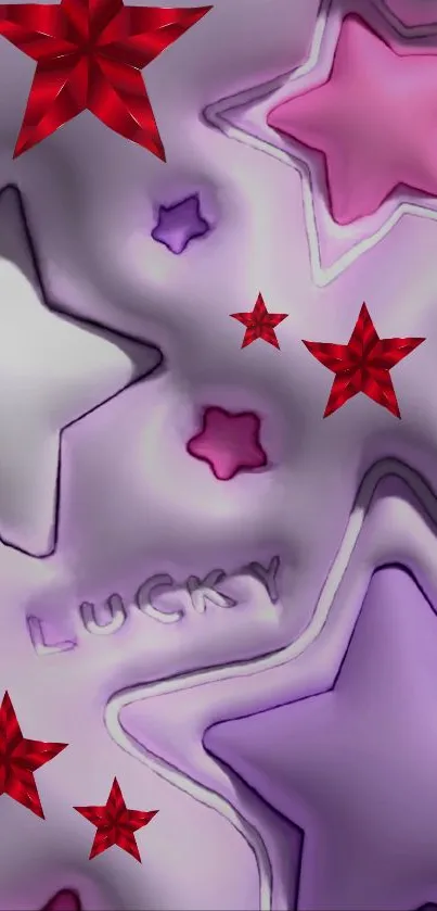 Lucky stars wallpaper in purple and red hues with text engraving.