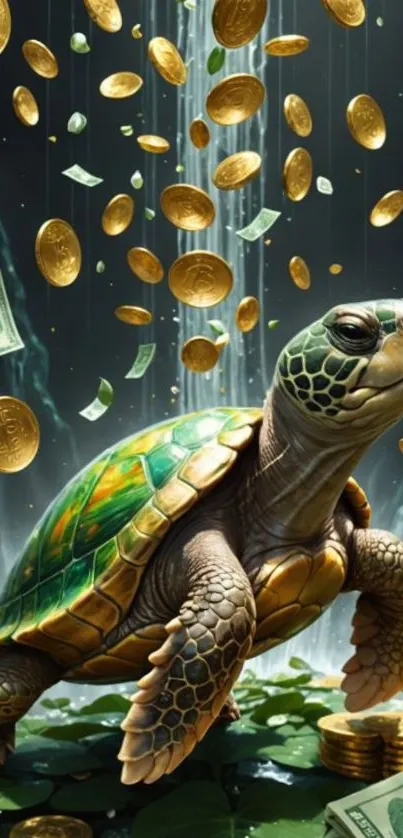 A vibrant wallpaper of a turtle with coins and cash