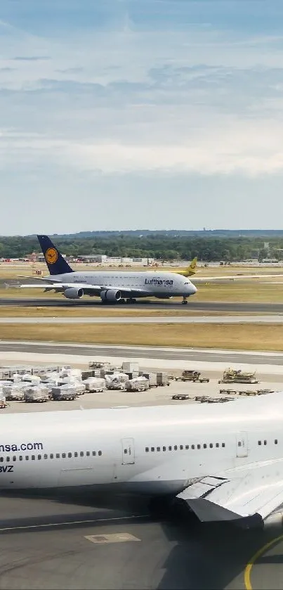 Lufthansa airplane ready for takeoff on an airport runway, captured in bright daylight.