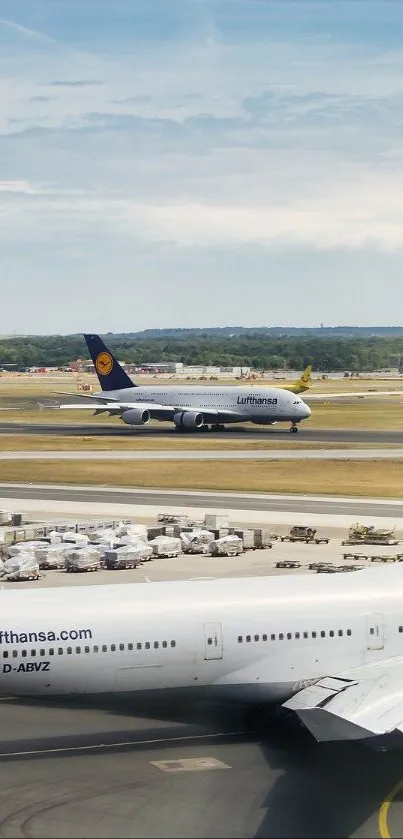 Airplanes on a busy airport runway under a blue sky.