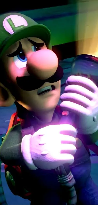 Luigi character in a dark setting with glowing flashlight.