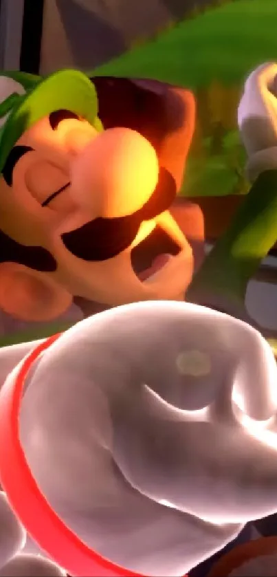 Luigi joyfully interacts with a glowing ghost in a vibrant scene.