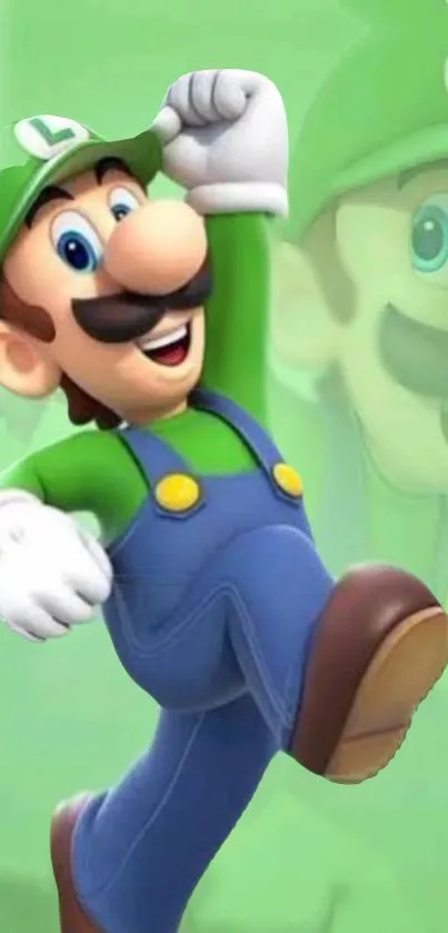 Animated Luigi jumping with a vibrant green background.