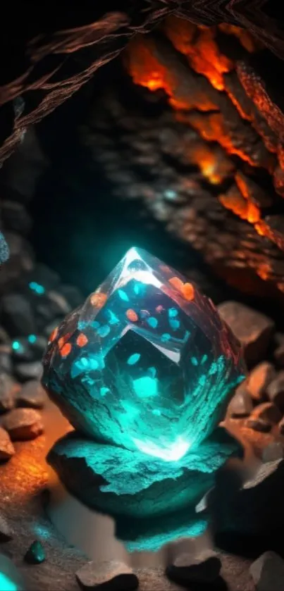 Luminescent crystal glowing in dark cave surrounded by rocks.