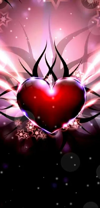 Luminescent heart with star patterns on a dark magenta background for mobile.