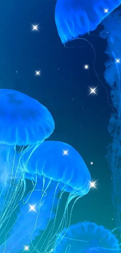 Blue jellyfish floating under starry night sky wallpaper.