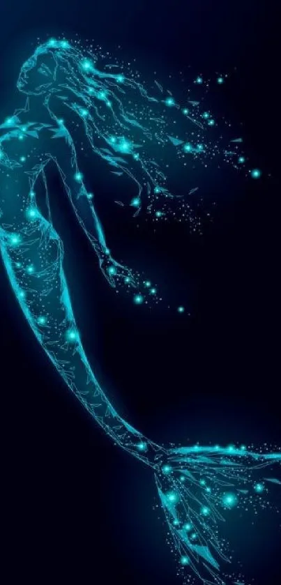 Digital luminescent mermaid on dark blue background wallpaper.