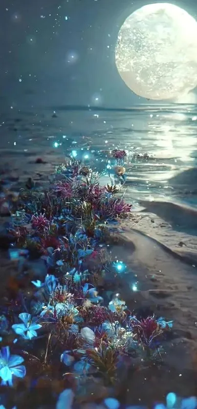 Enchanting night scene with flowers and a full moon over water.