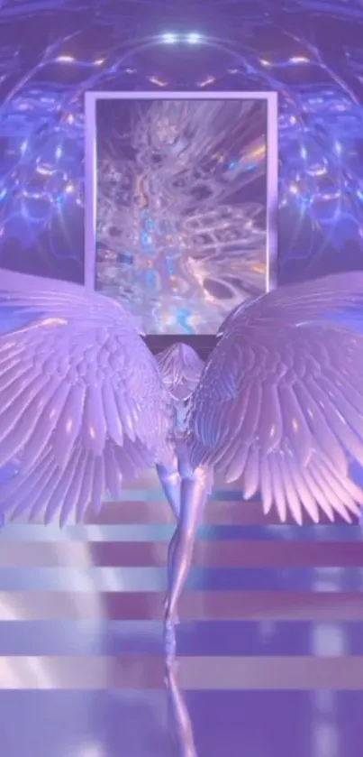 Purple angelic wallpaper with glowing wings and ethereal setting.