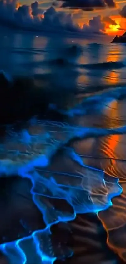 Bioluminescent waves illuminate a serene beach at sunset.