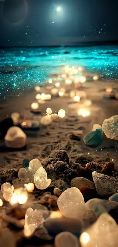 Glowing stones on a moonlit beach with a turquoise ocean backdrop.