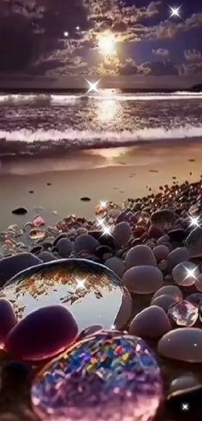 Moonlit beach with glistening stones at night.