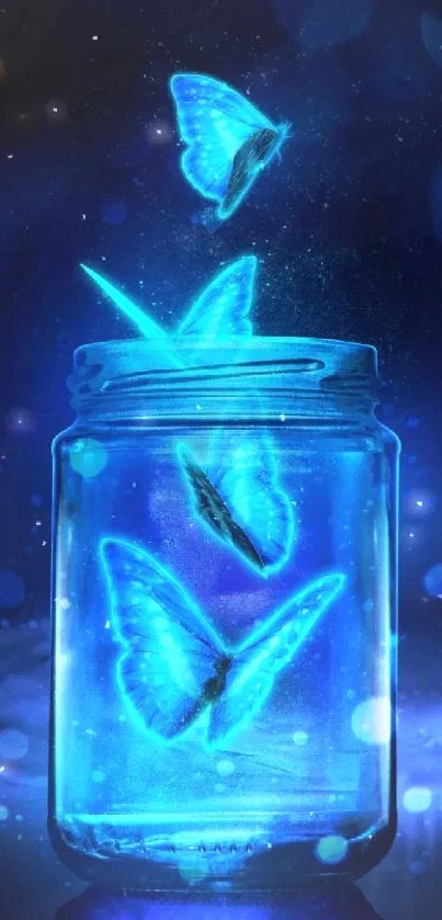 Magical blue butterflies glowing inside a jar.