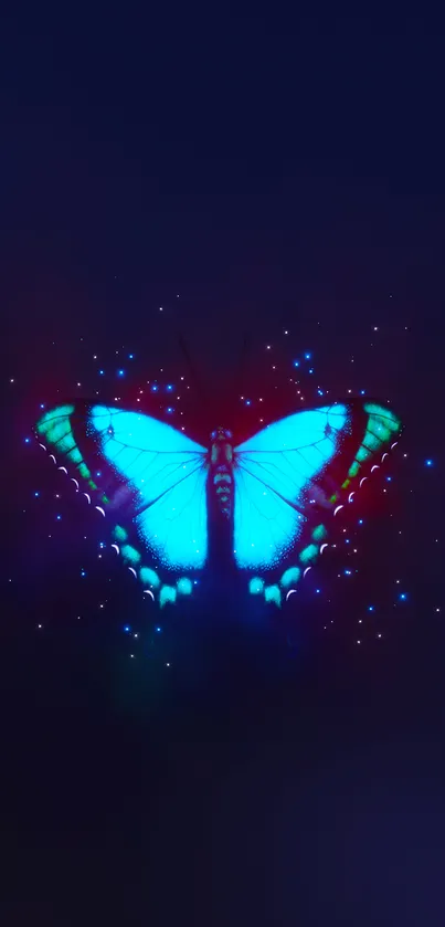 Luminous blue butterfly glowing on a dark background.