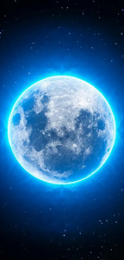 Luminous blue moon wallpaper with starry background.