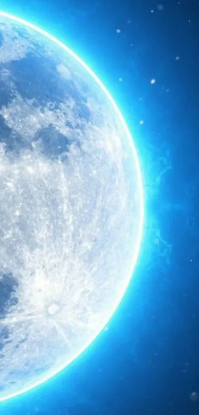 Luminous blue moon wallpaper with a celestial glow and cosmic background.