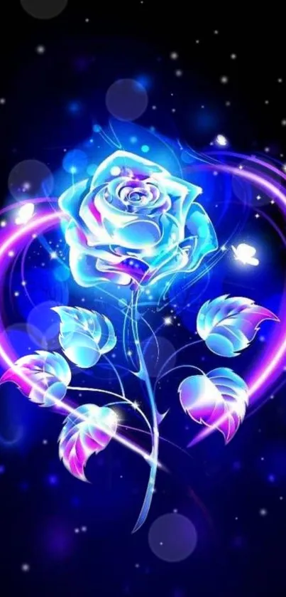 Luminous blue rose with neon glow in digital art wallpaper.