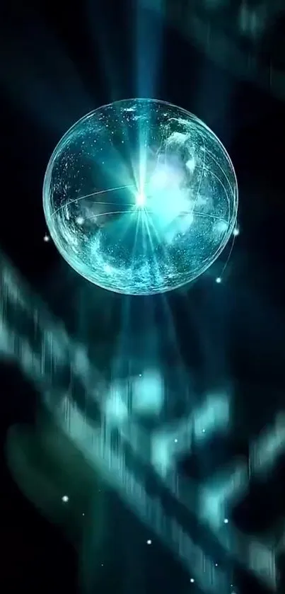 Luminous blue sphere with futuristic glow on a dark background.