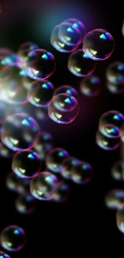 Luminous bubbles float against a dark background in this vibrant phone wallpaper.