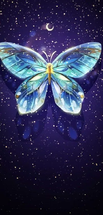 Luminous blue butterfly with glowing wings against a dark starry background.