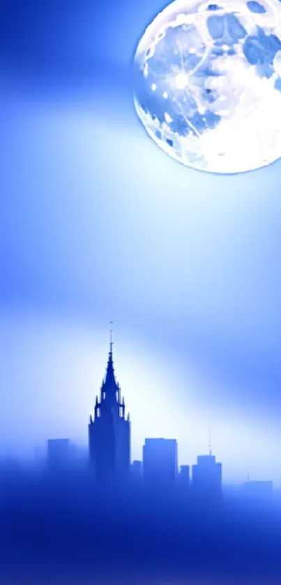 Majestic moonlit city skyline with blue hues and serene atmosphere.