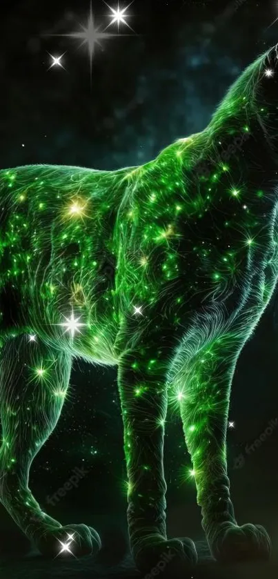 A luminous cat with green stars in a cosmic background.