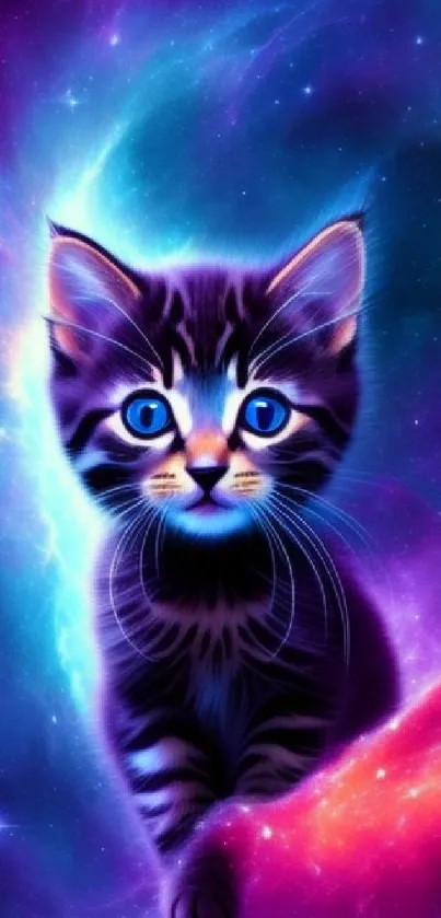 A kitten surrounded by vibrant starry galaxy in stunning colors.