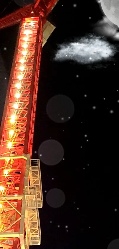 Red crane under a starry night sky with moon.