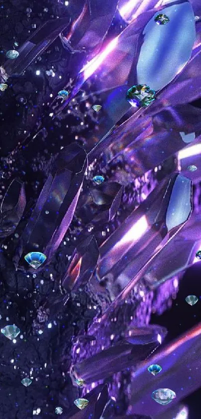 Luminous crystal cluster against black background in vibrant purple hues.