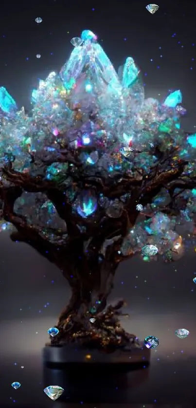 Luminous tree with vibrant crystals, mobile wallpaper.