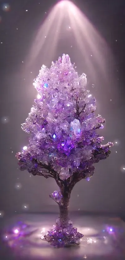 Luminous crystal tree with purple hues illuminated in a mystical setting.