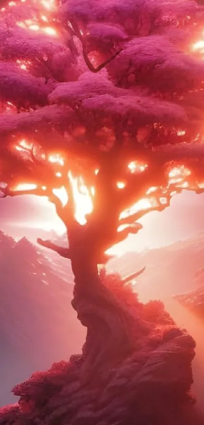 Glowing fantasy tree with vibrant pink hues, creating a magical atmosphere.