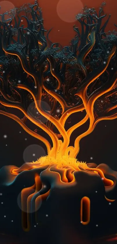 Luminous fantasy tree with glowing tendrils on a dark background.