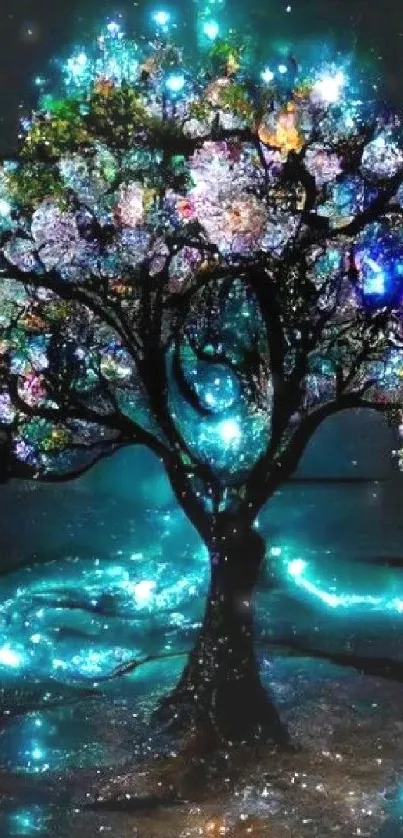 Luminous fantasy tree glowing in darkness with vibrant, colorful lights.