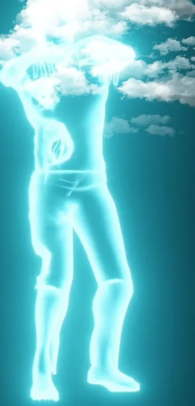 Glowing humanoid figure with cloud head on a teal background.