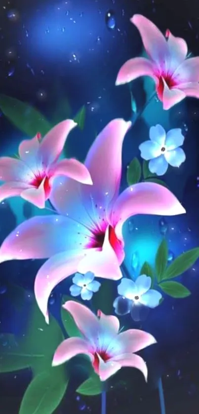 Luminous pink lilies with blue glow on a dark background.