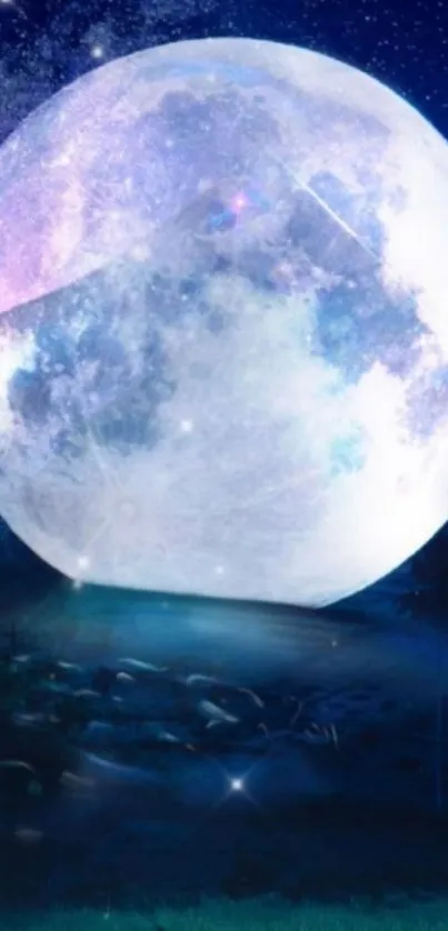 Luminous full moon against dark starry night sky.