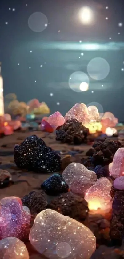 Luminous gemstones against a starry night sky creating a serene and magical ambiance.