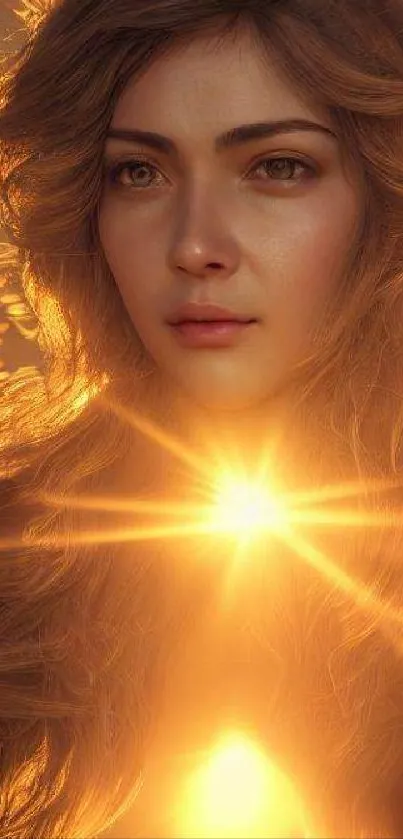 Portrait of a woman with golden light glowing around her, creating an ethereal effect.