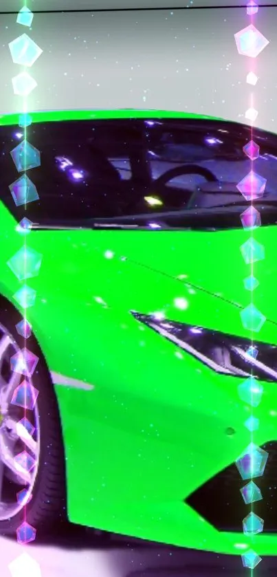 Neon green sports car with hexagon accents.