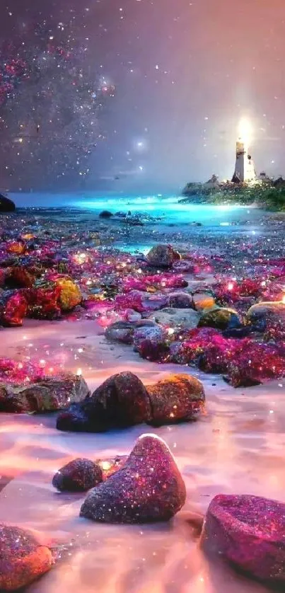 Lighthouse on a vibrant, mystical coastline under a starry night sky.