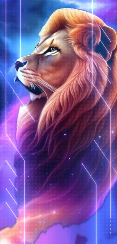 Majestic lion in a galaxy setting with neon accents and vibrant colors.