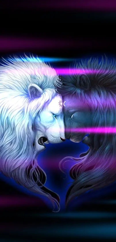 Artistic wallpaper with luminous lions forming a heart on a dark background.