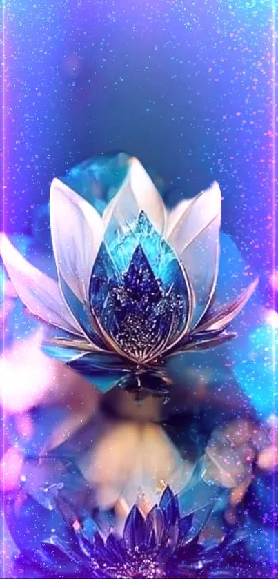 Luminous blue lotus with glowing colors and reflective surface.