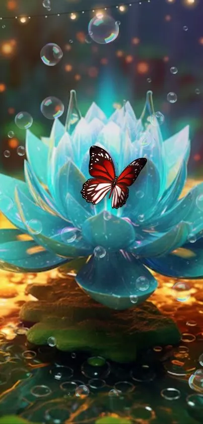 Glowing teal lotus flower in a fantasy setting.