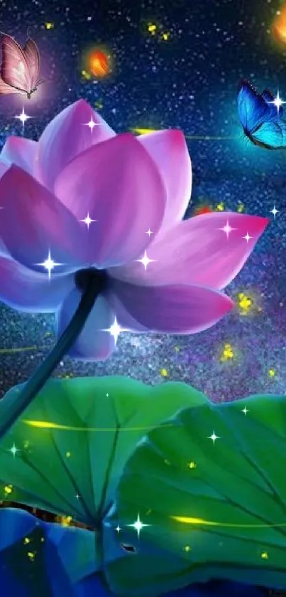 Glowing lotus with fireflies in night sky.