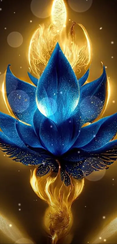 Luminous blue and gold lotus on dark background.